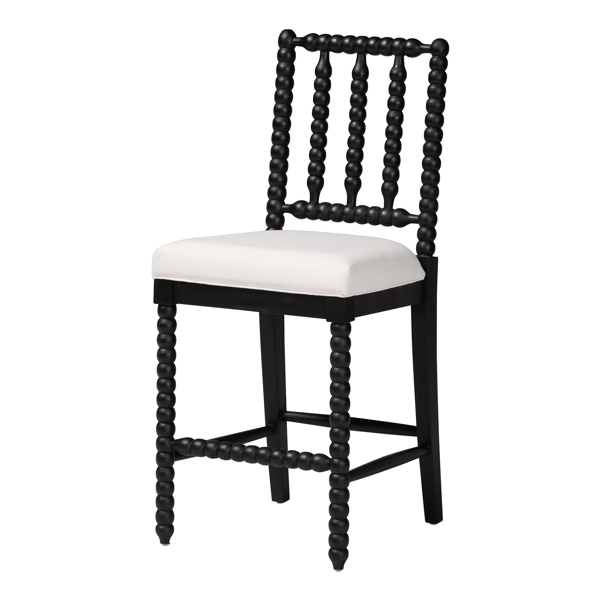 bali & pari Deya Bobbin Counter Stool - Sculptural Wood Kitchen Seating with Upholstered Seat and Spindle Back, Black
